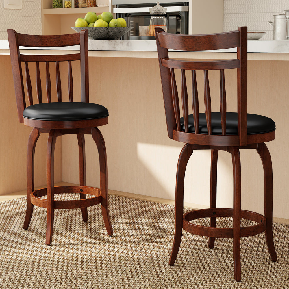 Set of 2 swivel bar stools with 24-inch faux leather seats and solid rubber wood, ideal for kitchen islands or home.