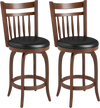 Set of 2 swivel bar stools with faux leather upholstery and solid rubber wood, ideal for kitchen islands or home bars.