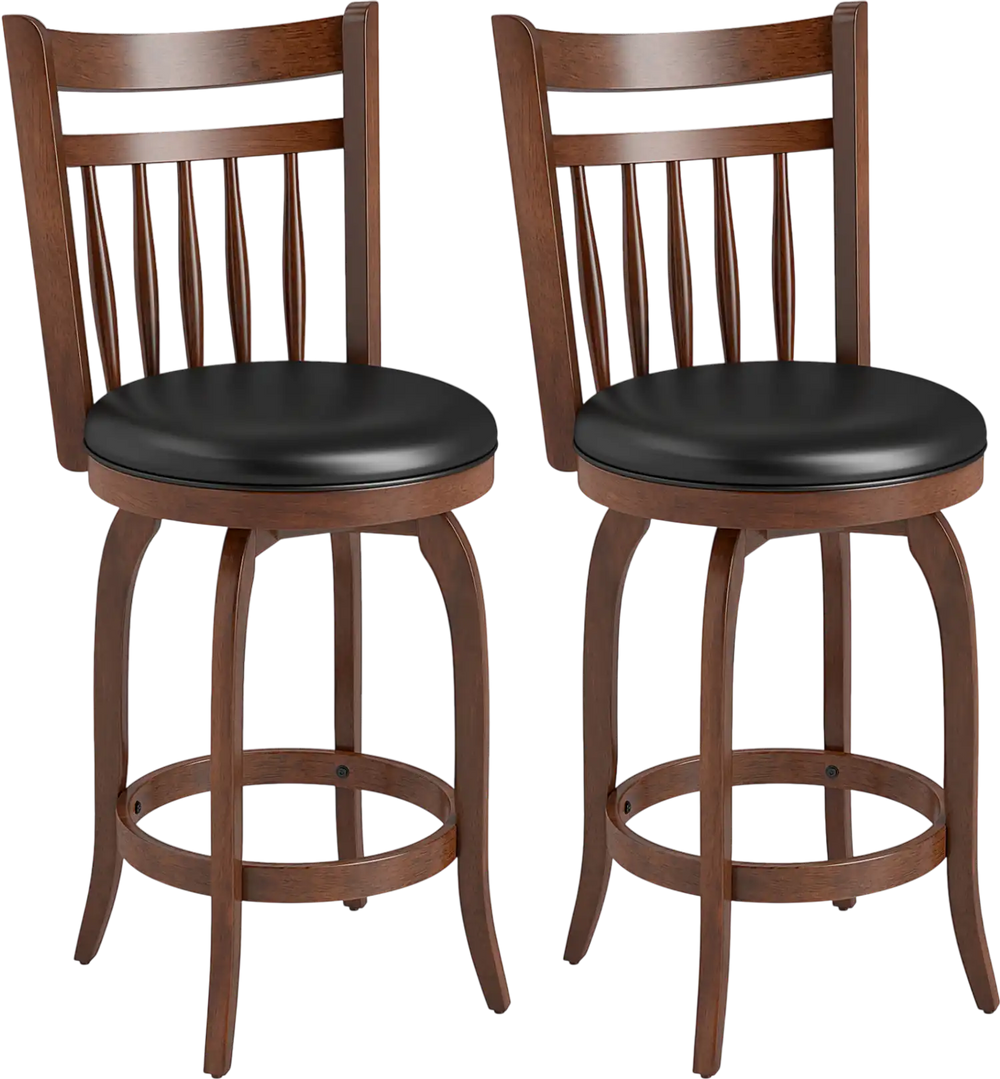 Set of 2 swivel bar stools with faux leather upholstery and solid rubber wood, ideal for kitchen islands or home bars.