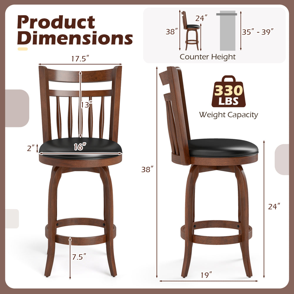 Counter height swivel bar stool with faux leather upholstery, curved backrest, and solid rubber wood for kitchen or.