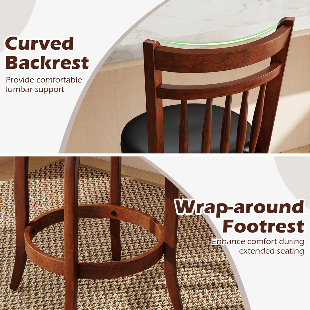Curved backrest and wrap-around footrest of swivel bar stools enhance comfort for extended seating in a stylish design.