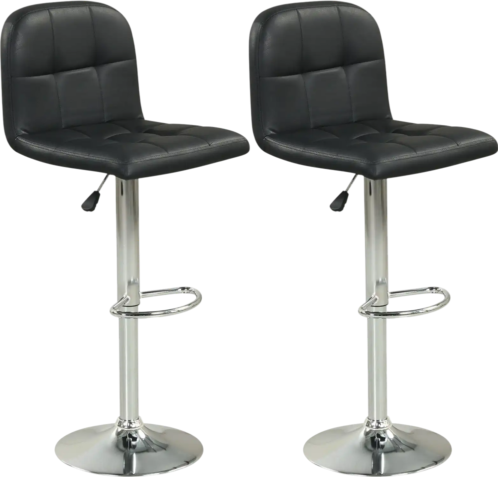 Set of 2 black swivel bar stools with adjustable height, metal base, and footrests for kitchen or dining room use.