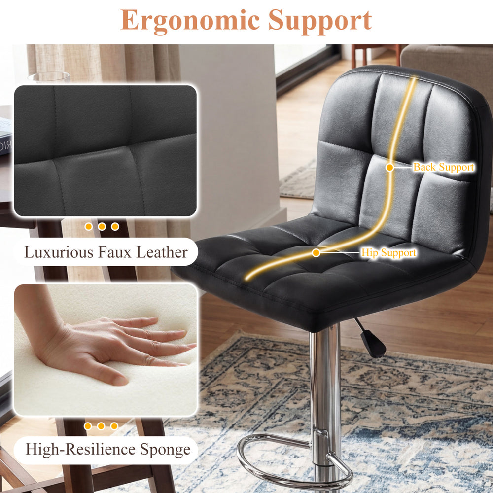 Black swivel bar stool with ergonomic support, faux leather, and adjustable height for kitchen or dining room use.