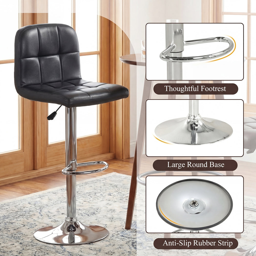 Black swivel bar stool with adjustable height, chrome metal base, and integrated footrest for kitchen or dining room.
