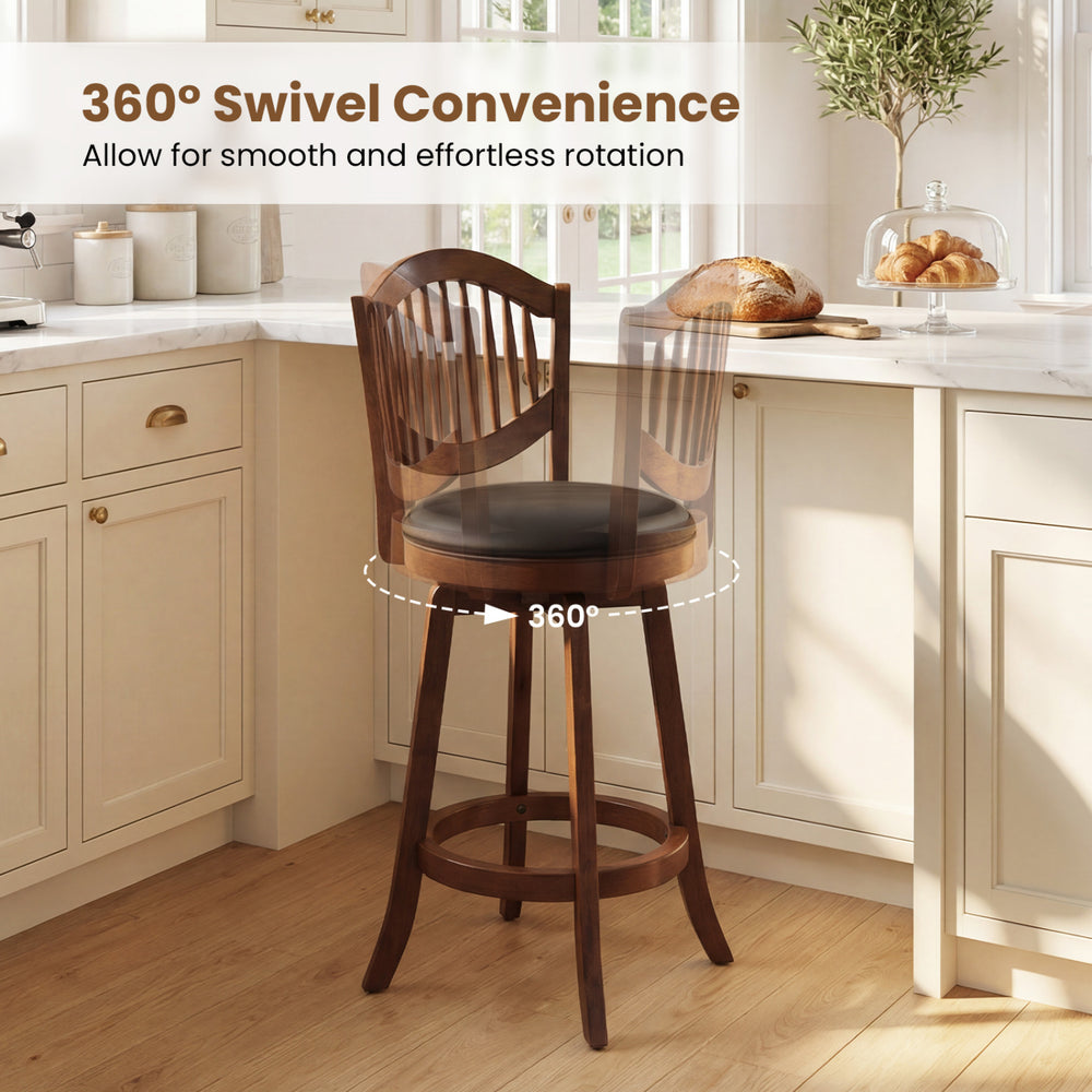 Swivel bar stool with backrest and wood frame, 25-inch height, perfect for kitchen islands and dining rooms.