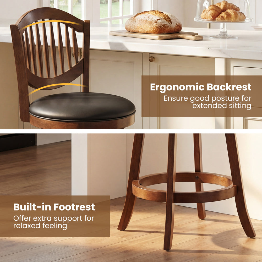 Swivel bar stool with ergonomic backrest and built-in footrest, made of solid rubber wood, ideal for kitchen islands.