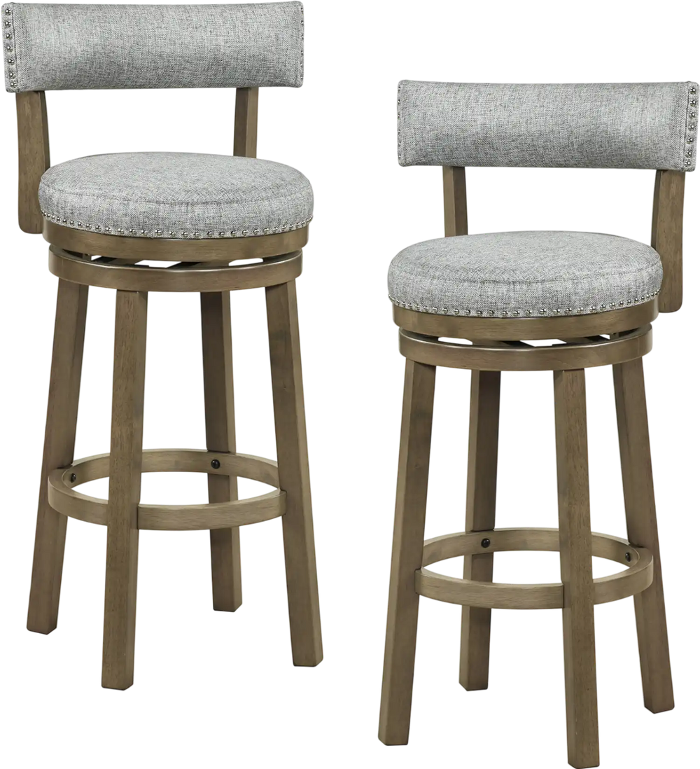 Set of 2 swivel bar stools with linen fabric upholstery and curved backrest, perfect for kitchen islands or home bars.