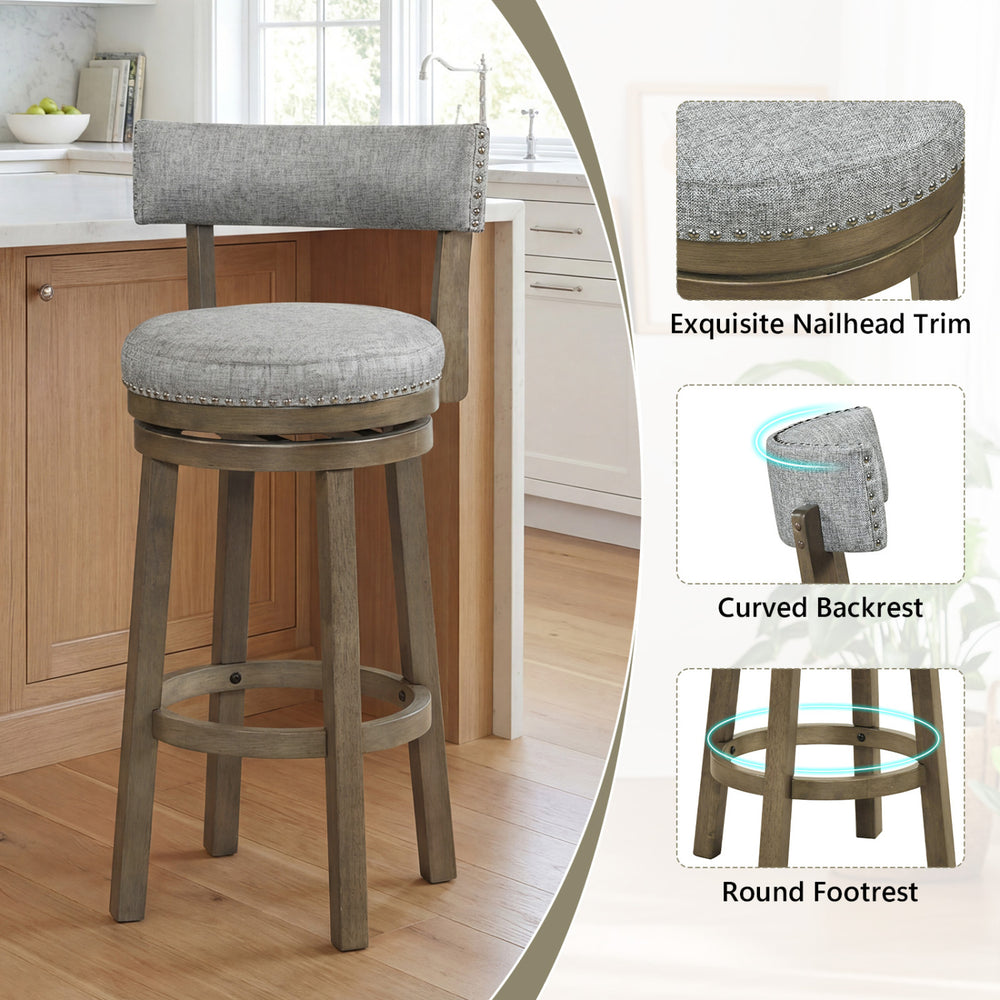 Swivel bar stool with linen fabric upholstery, curved backrest, and nailhead trim, ideal for kitchen islands or home.