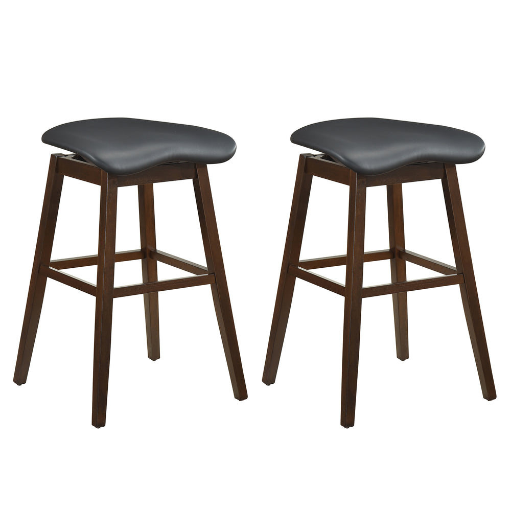 Set of 2 swivel bar stools with padded contoured seats in black and brown, featuring rubber wood legs and footrests.