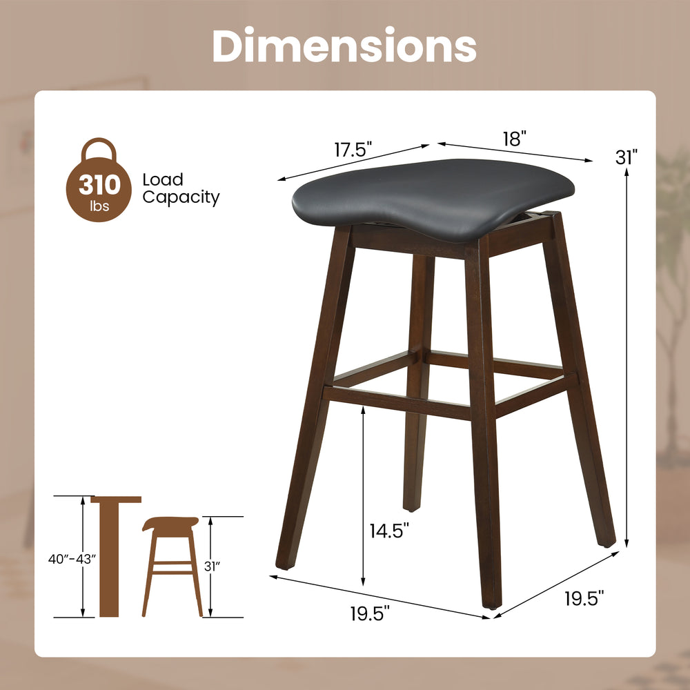 Dimensions of black and brown swivel bar stool with padded seat, rubber wood legs, and 310 lbs load capacity.