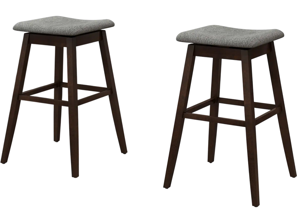 Set of 2 swivel bar stools with brown rubber wood legs and gray linen fabric, perfect for kitchens and dining areas.