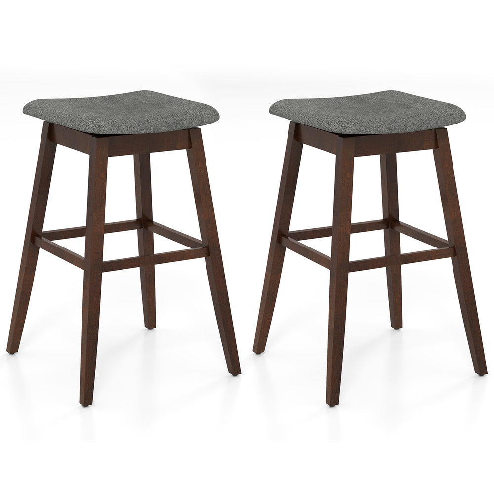 Set of 2 swivel bar stools with brown rubber wood legs and gray linen fabric, perfect for kitchens and dining rooms.