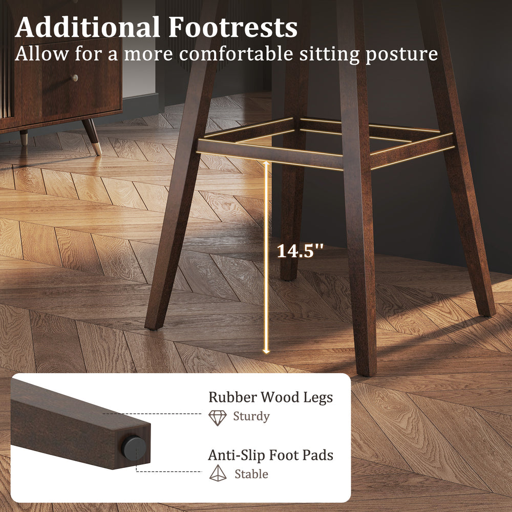 Footrest detail of swivel bar stool set with sturdy rubber wood legs and anti-slip pads for enhanced comfort.