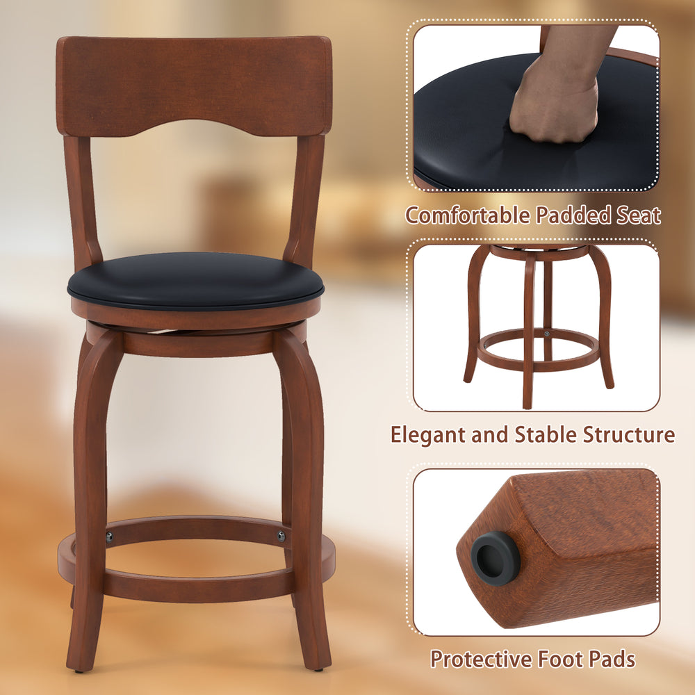 Swivel bar stool with rubber wood frame and upholstered seat, featuring a curved backrest for comfort and stability.