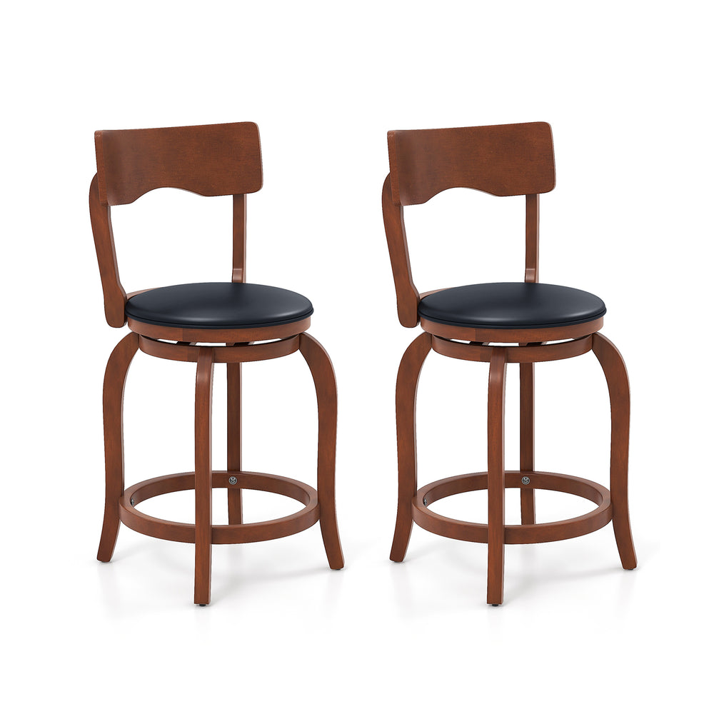 Set of 2 swivel bar stools with rubber wood frame and upholstered seat, ideal for kitchen or cafe use.