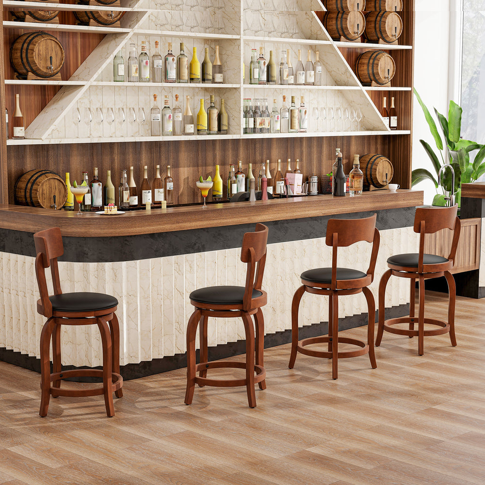 Set of two swivel bar stools with rubber wood frame and upholstered seat, ideal for kitchen or bar use.