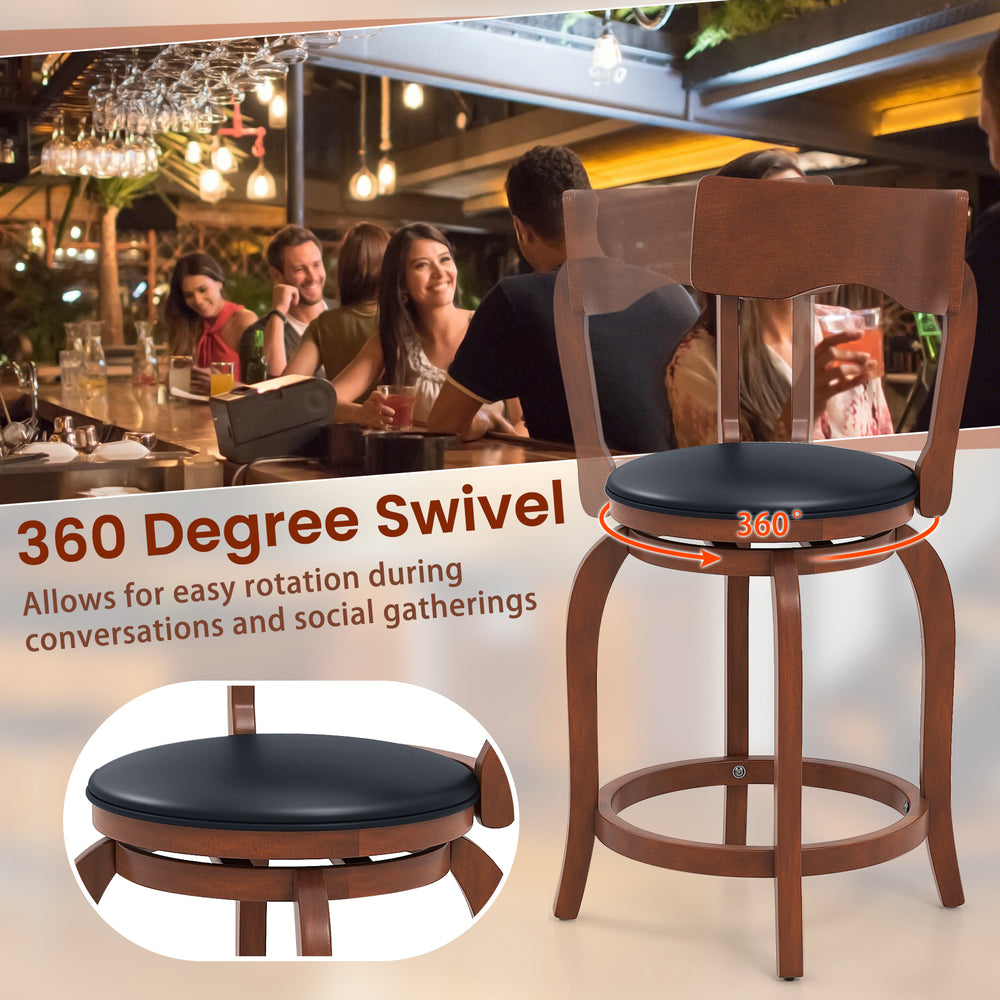 Swivel bar stool with rubber wood frame and upholstered seat, 360° rotation for kitchen or bar gatherings.
