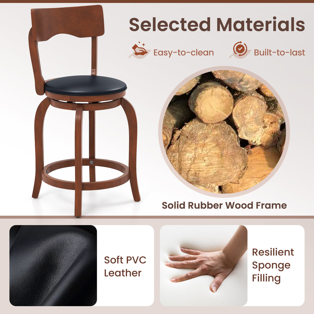 Swivel bar stool with rubber wood frame, soft PVC leather seat, and curved backrest for kitchen or bar use.