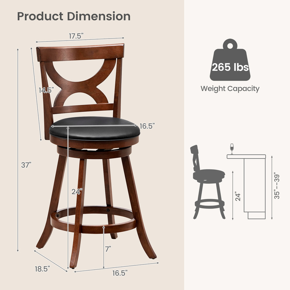 24-inch swivel bar stool dimensions with soft cushion and elegant hollow backrest, ideal for kitchen or dining use.