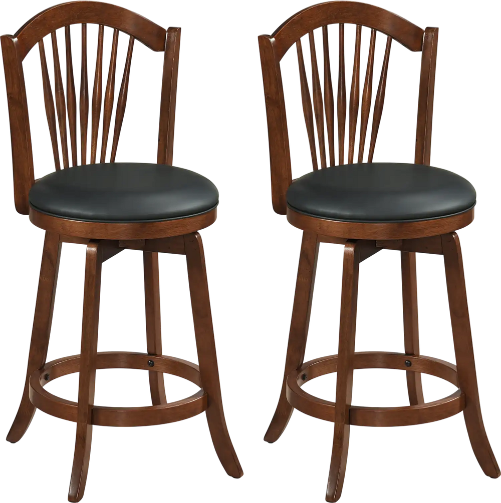 Set of two 24-inch swivel bar stools with wood frames and curved backrests, ideal for kitchen islands and dining rooms.
