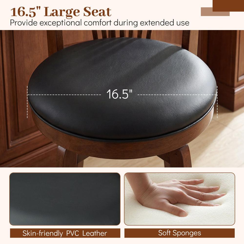 Large 16.5" swivel seat in skin-friendly PVC leather with soft sponges, ideal for kitchen island comfort.