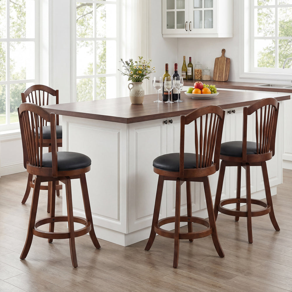 Swivel bar stools with backrests and wood frames, 24-inch height, perfect for kitchen islands and dining rooms.