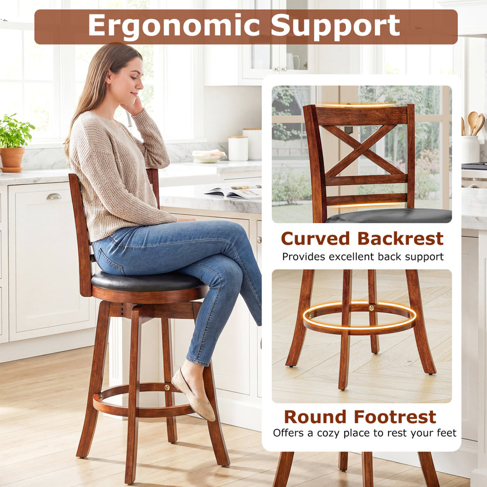 Swivel barstool with curved backrest and round footrest, made of solid rubberwood for kitchen or bar use.