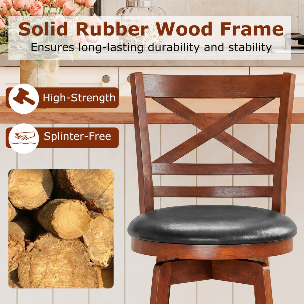 Swivel barstool with solid rubber wood frame, waterproof PU leather seat, and ergonomic backrest for kitchen comfort.