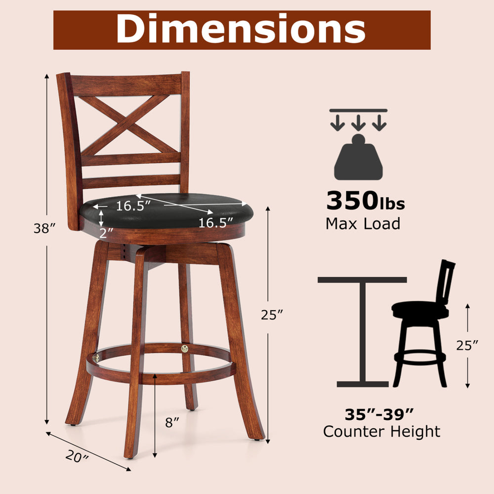 Swivel barstool with backrest and footrest, 24 inches high, solid rubberwood, ergonomic design for kitchen or bar use.