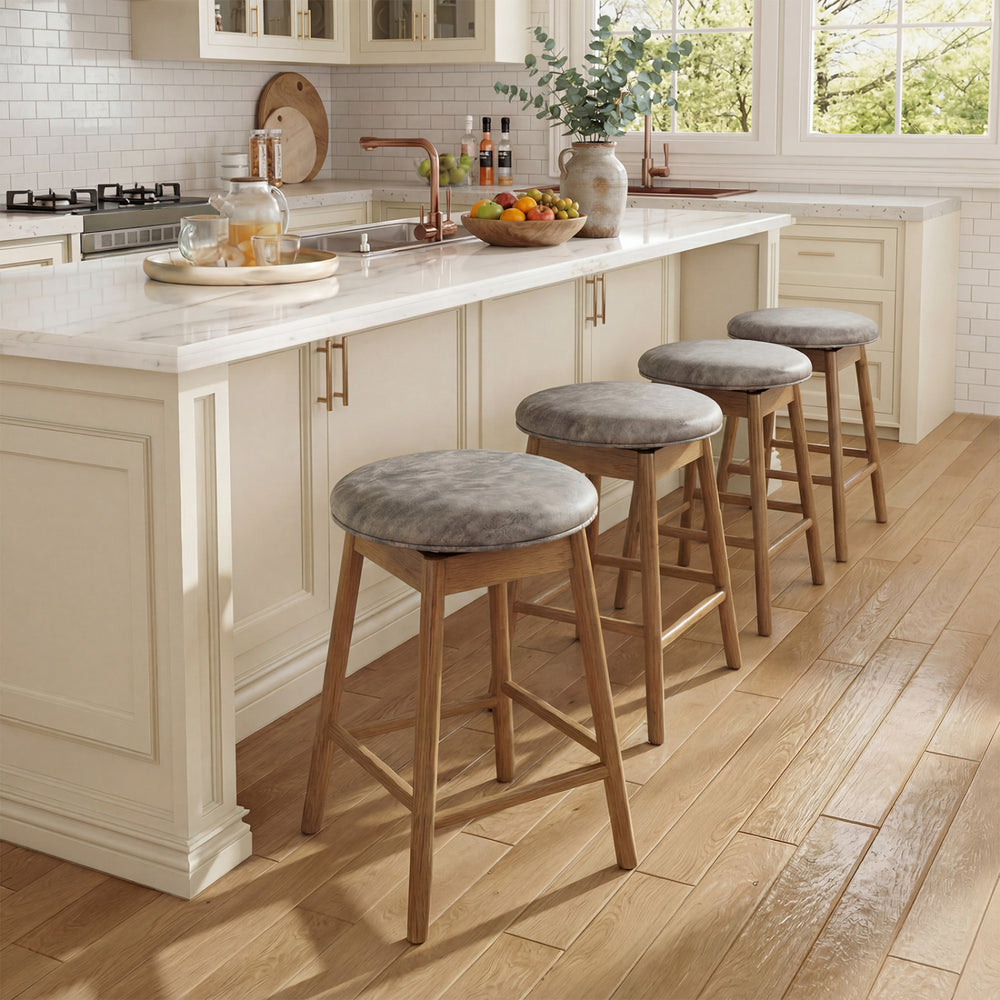 Backless swivel counter height barstools with solid rubber wood legs and PU leather seats, ideal for kitchen islands.