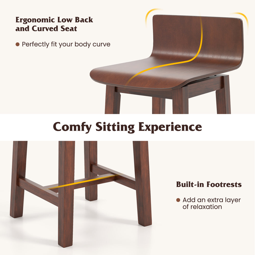 Swivel dining chair with low back and curved seat in walnut, featuring footrests for added comfort and relaxation.