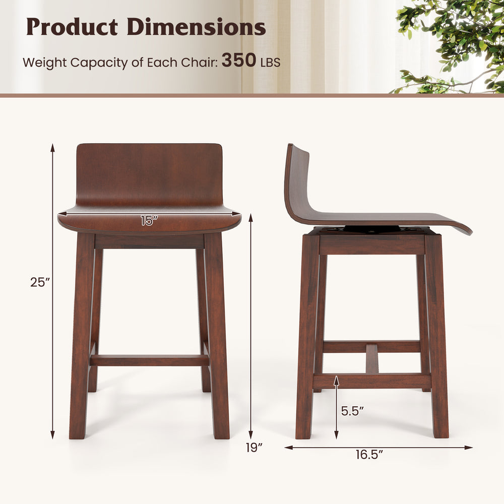 Product dimensions of the walnut swivel dining chair set, showcasing height, width, and depth for optimal fit in dining.