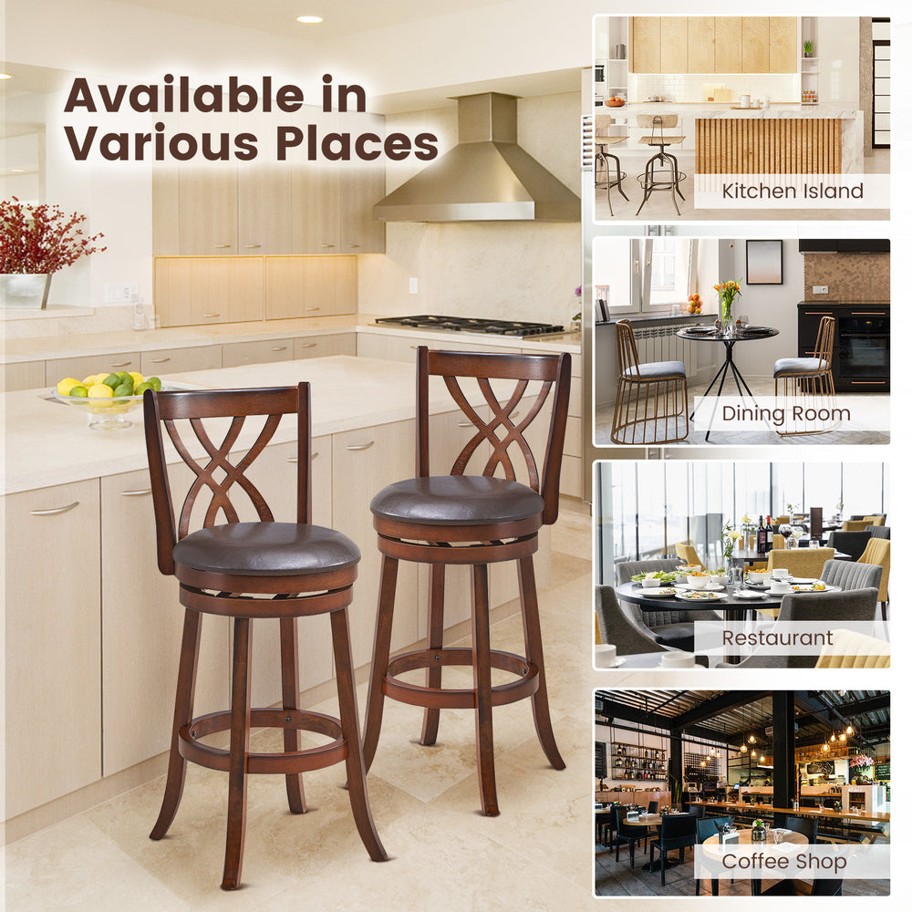 360° swivel counter height chairs with PU leather cushioned seats, ideal for kitchen islands or dining areas.