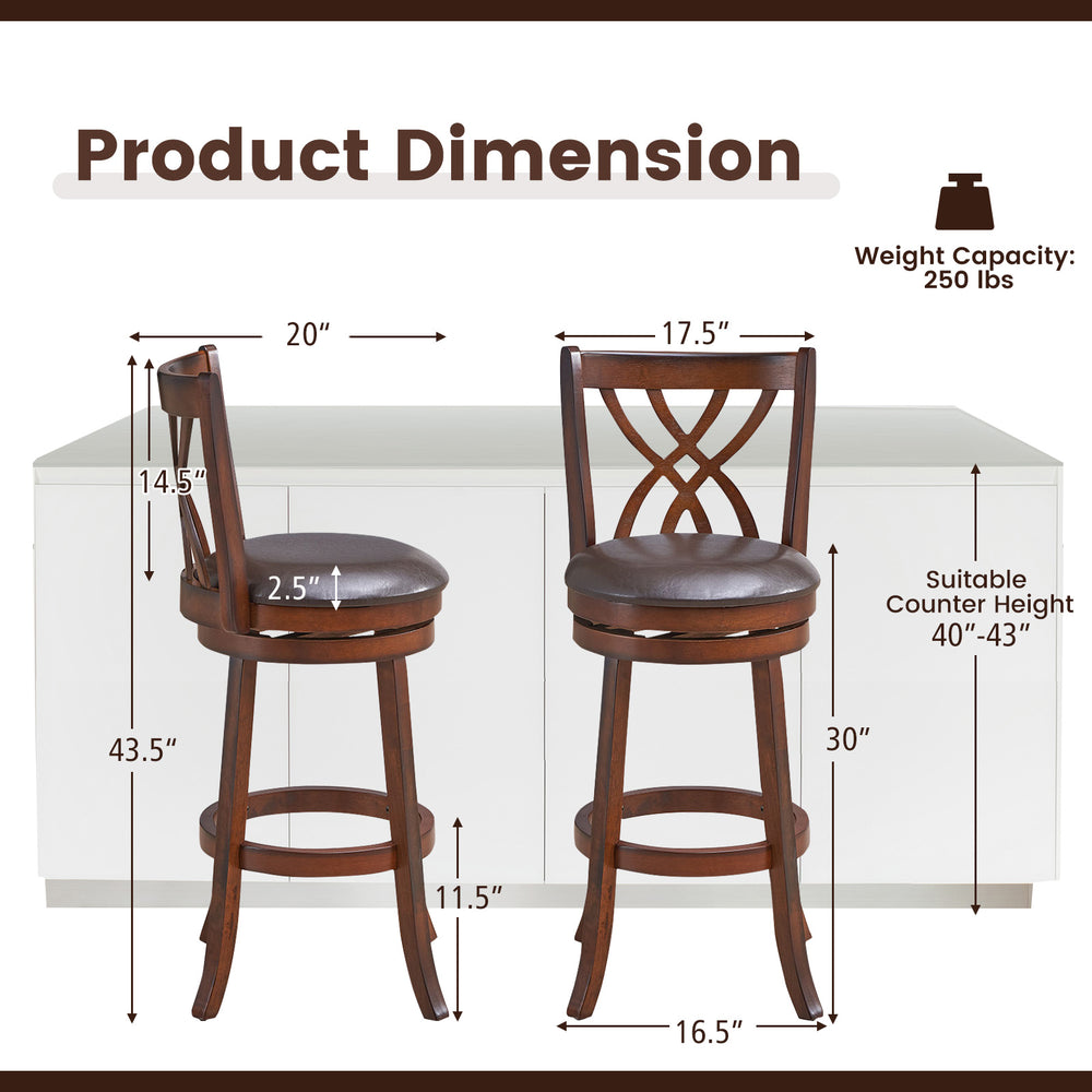 360° swivel counter height chairs with PU leather cushioned seats, rubber wood construction, and footrests for comfort.