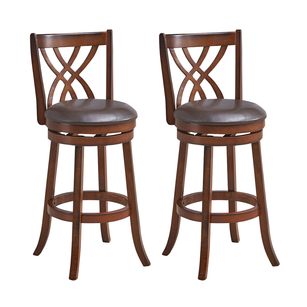Set of two 360° swivel counter height chairs with PU leather cushioned seats and sturdy rubber wood construction.