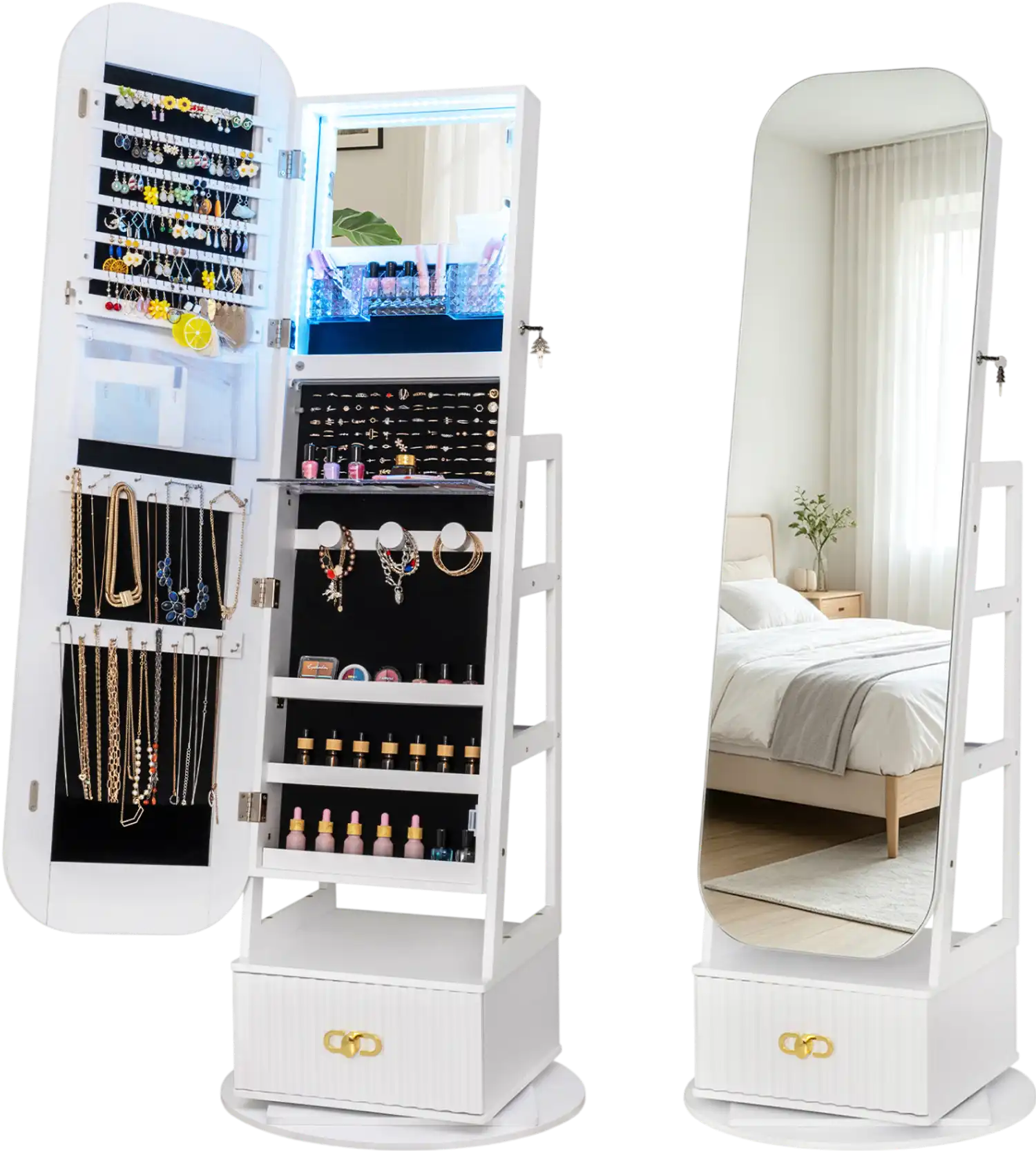 Costway Swivel Jewelry Armoire Full-Length Mirror LED Lights Storage Shelves 99508049 New