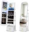 360° swivel jewelry cabinet with full-length mirror, ample storage for jewelry and cosmetics, features LED lights and lockable design.