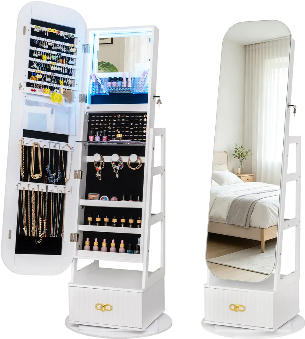360° swivel jewelry cabinet with full-length mirror, ample storage for jewelry and cosmetics, features LED lights and lockable design.