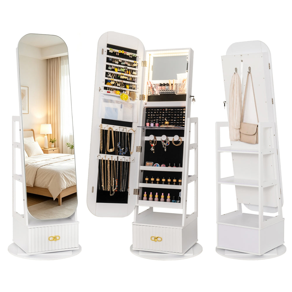 Interior view of the 360° swivel jewelry cabinet highlighting organized storage for jewelry, cosmetics, and accessories.