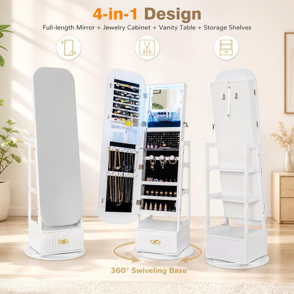 360° swivel jewelry cabinet with full-length mirror, ample storage, and LED lights for convenient access to accessories.