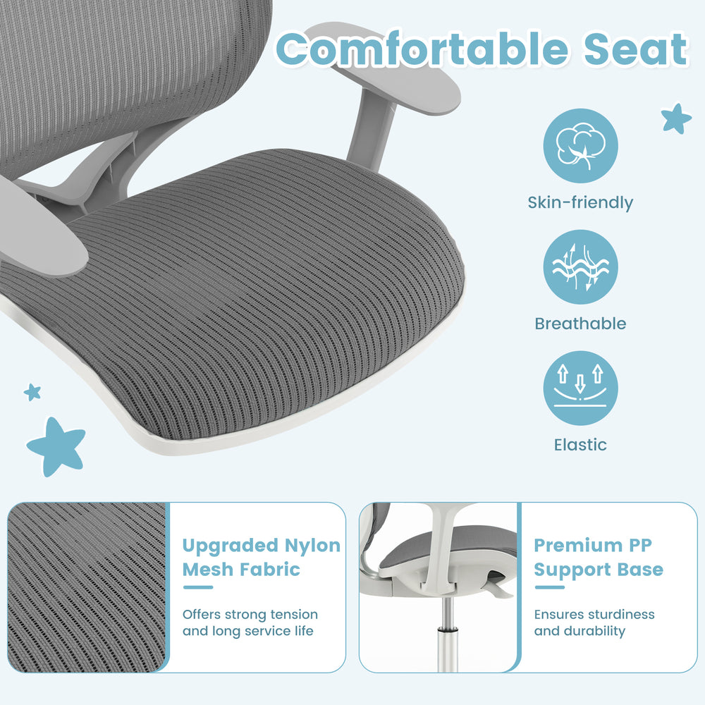 Close-up of the gray swivel mesh children's computer chair featuring breathable fabric and adjustable height for.