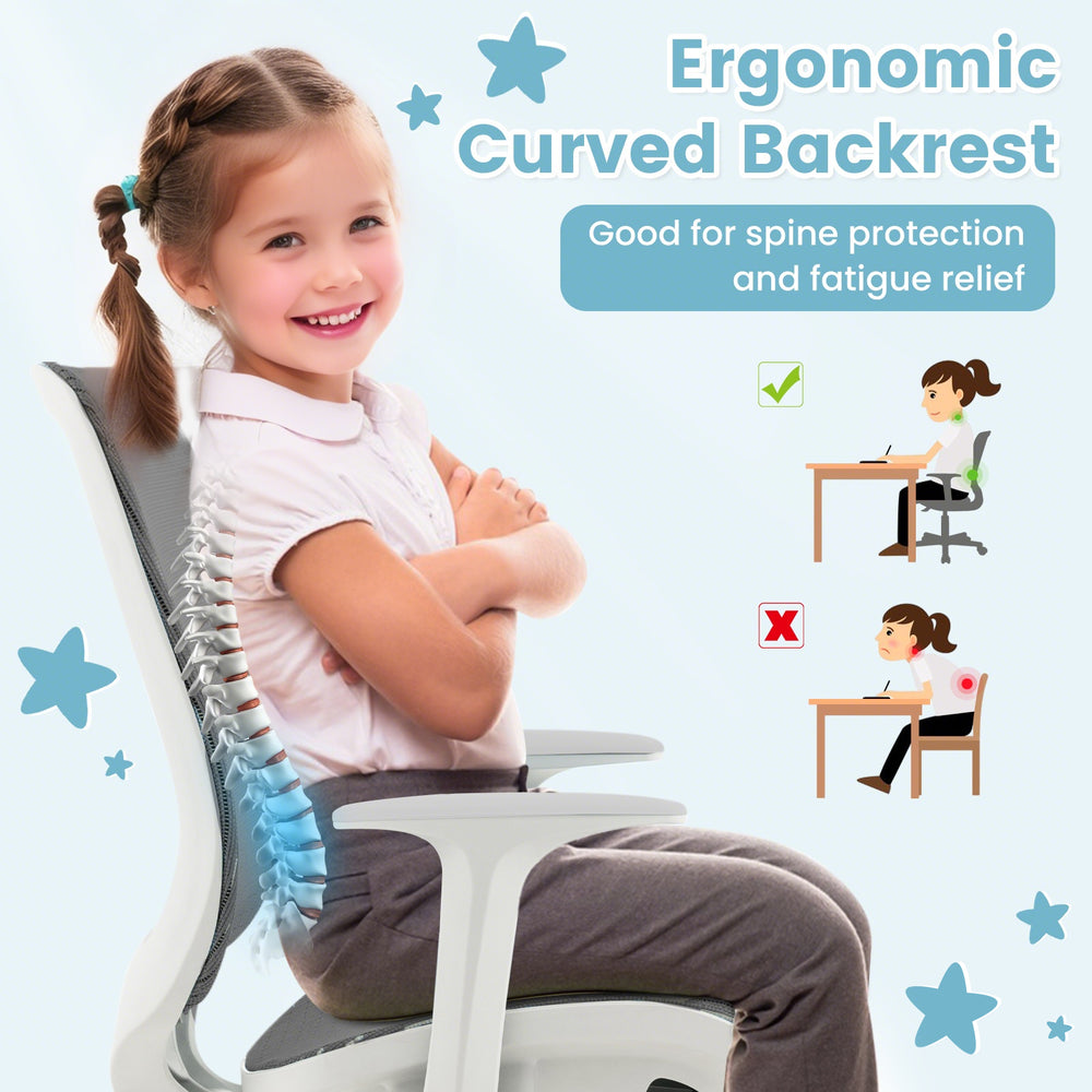 Swivel mesh children's computer chair with ergonomic curved backrest, adjustable height, and breathable fabric for.