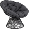 Round wicker swivel Papasan chair with thick grey cushion, designed for comfort and stability, ideal for living room or.