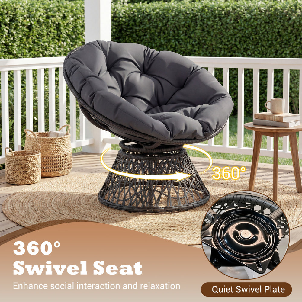 Round wicker swivel Papasan chair with thick grey cushion, designed for comfort and relaxation in any living space.