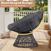 Bowl-shaped swivel Papasan chair with thick grey cushion, crafted from durable PE rattan for cozy outdoor relaxation.