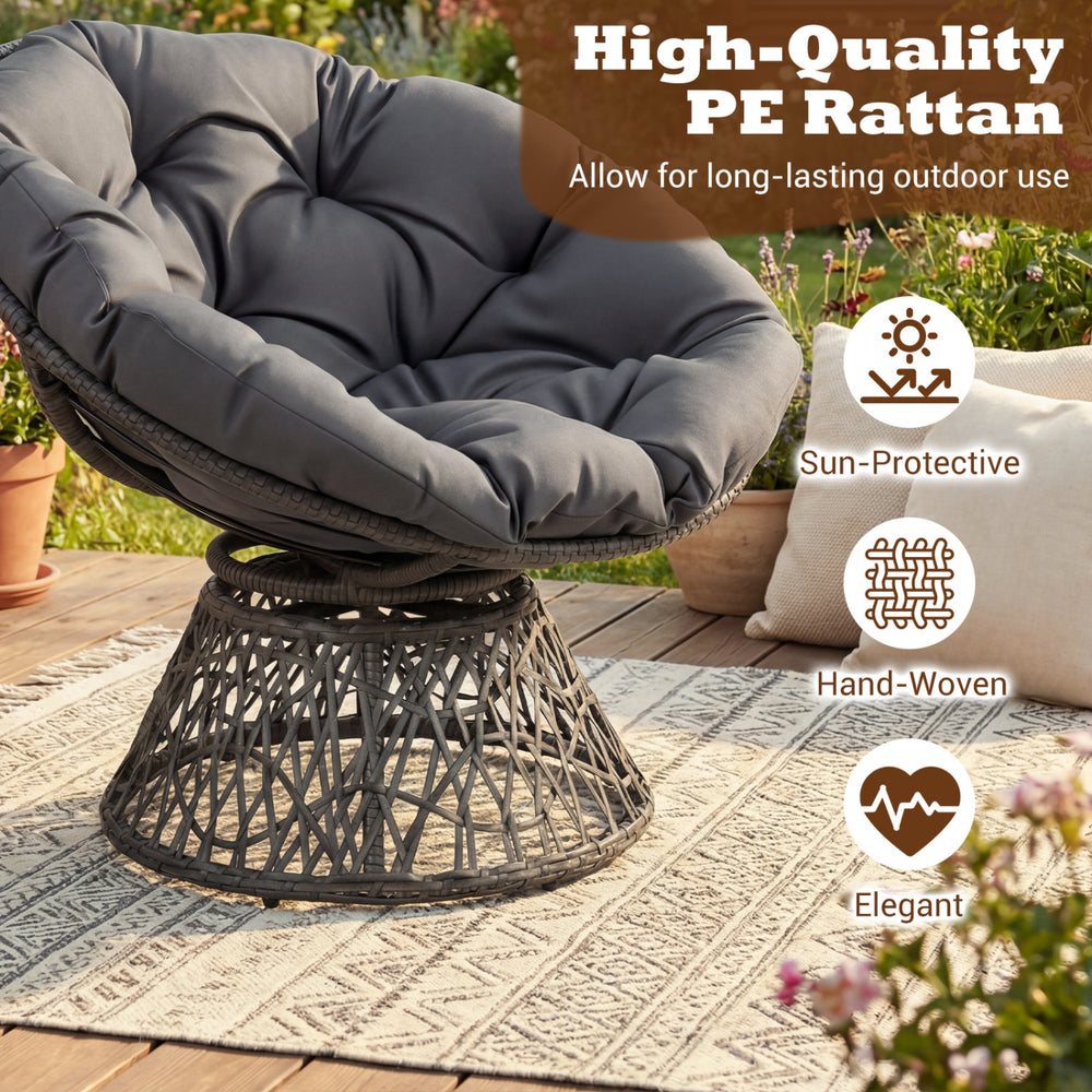 Swivel Papasan chair with thick grey cushion, made of sun-protective PE rattan, ideal for outdoor relaxation.