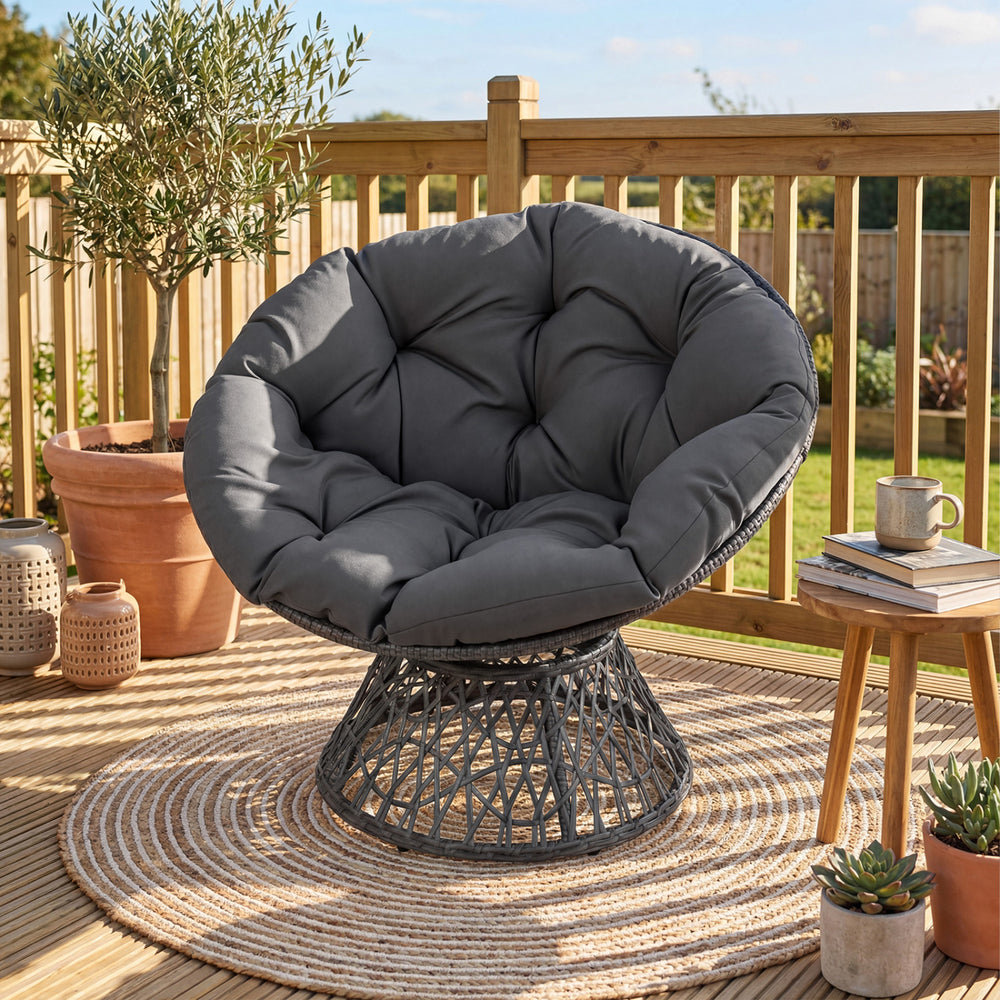 Swivel Papasan Chair Round Wicker Lounge Chair with Thick Cushion-Grey - Gallery View 1 of 10