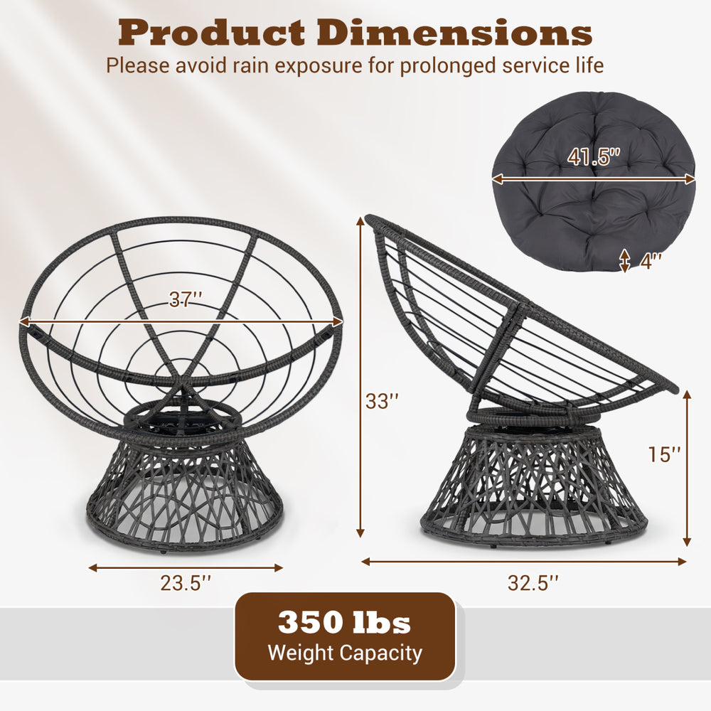 Swivel Papasan chair with thick grey cushion, featuring sturdy metal construction and 360° rotation for comfort.