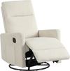 Beige swivel rocking chair with cushioned back and footrest, featuring a 360° swivel base for nursery comfort.
