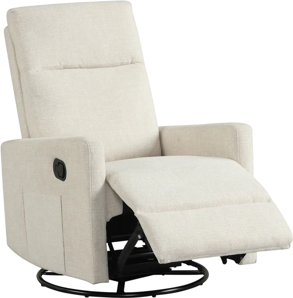 Beige swivel rocking chair with cushioned back and footrest, featuring a 360° swivel base for nursery comfort.